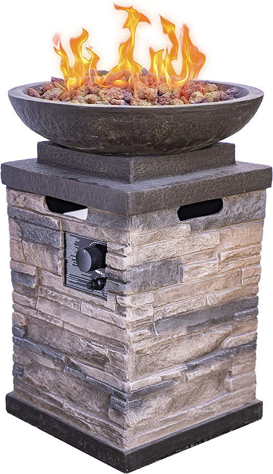 "Enhance Your Outdoor Ambiance with the Newcastle Propane Firebowl Column - Realistic Look Firepit Heater with Lava Rock, 40,000 BTU Outdoor Gas Fire Pit - Experience the Beauty of Natural Stone!"